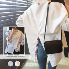 ワイシャツ レディース 韓国 長袖 スリット シャツ ゆったり オーバーサイズ 春 秋 冬 ビックシルエット ボリューム袖 襟 カジュアル おしゃれ 無地 ストライプ 白 ブルー ドロップショルダー 体型カバー ルーズ トリコロール