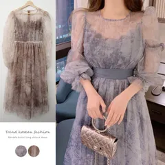 ドレス レディース ワンピース パーティードレス 長袖 ミモレ丈 韓国 春 秋 夏 春夏 シースルー 柄 フェミニン Aライン フリル リボン きれいめ エレガント シフォン 大人 パフスリーブ ブルー ブラウン パーティー 結婚式 二次会 謝恩会 上品