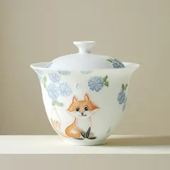 手描き 蓋碗 漫画風 宝瓶 煎茶 海棠花 茶器 小さな狐 茶碗 蓋物 スープ椀 スープボウル 蓋付 グラス 菓子椀 ボウル フリーカップ お碗 珍味入れ 宝瓶 抹茶茶碗 茶碗蒸し 手作り 中国茶器 景徳鎮 茶芸 父の日 プレゼント 母の日 ギフト 130ml