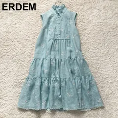 美品 ERDEM アーデム ポルトドレス 上質 リネン100% ティアード 花柄刺繍 ロングワンピース ノースリーブ フリルカラー くるみボタン ライトブルー 水色 UK8 M リゾート デートに 大人可愛 ポルトガル製