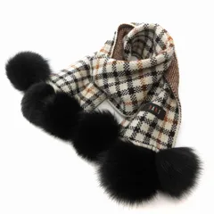 ダックス DAKS 美品 マフラー ストール チェック柄 ポンポン フォックスファー アンゴラ混 ベージュ /AE
