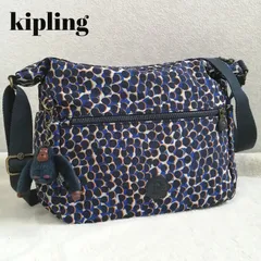 美品☆キプリング ショルダーバッグ ナイロン ゴリラチャーム 総柄 斜め掛け ブルー ロゴ 軽量 大容量  旅行 kipling ブギーモンキー