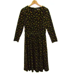 ローラアシュレイ ロングワンピース トップス 長袖 花柄 ストレッチ レディース 38サイズ 黒×黄 Laura Ashley 【中古】