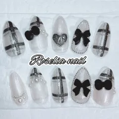 【オーダー】【No.14】モノクロ･ブラック･黒色・秋冬・クリスマス・チェック柄・ガーリー・可愛い系・デート･ネイルチップ