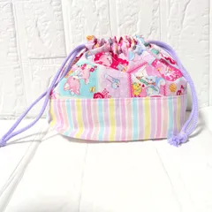 ハンドメイドお弁当袋☆紫レトロアニマル×カラフルストライプ☆