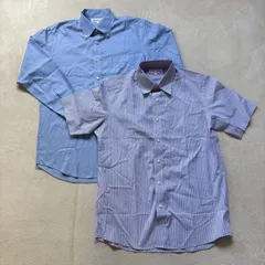 【2点セット】【メンズLサイズ】UNIQLO ユニクロ 長袖 半袖 ボタンシャツ ストライプ 無地 ビジネス オフィス ノンアイロン 仕事 ブルー