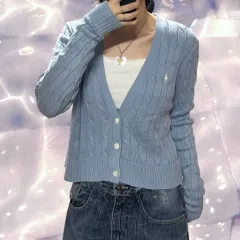 POLO RALPH LAUREN ポロラルフローレン 新モデル QR Vネック ケーブル編み ニット カーディガン スカイブルー ライトブルー L