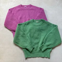 【2点セット】【レディースXLサイズ】GU ジーユー 長袖 セーター ニットトップス カラーセーター ボリュームニット ボリュームスリーブ リブ クルーネック 派手色　無地 ピンク 緑 カジュアル 秋 冬 お揃い ペア シェア 大人買い