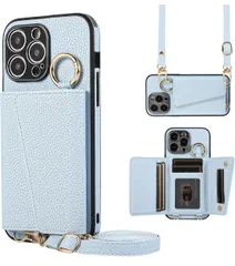 ★iPhone14pro 用の ケース 手帳型 肩掛け アイフォン14プロ 用の ショルダー スマホケース アイホン14pro 用の カバー PUレザー 首掛け 斜めかけ マグネット式 ICカード収納 鏡付き 写真入りポケット 調節可能な 携帯ケース ブルー