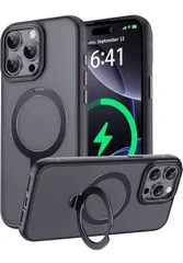 ★iPhone 15 Pro 用保護ケース magsafe対応 ワイヤレス充電 磁気リング マグネット搭載 定点360度回転スタンド付き 耐衝撃 耐久性 黄ばみ防 滑り止め 落下保護 傷防止 携帯ケース(半透明＋ブラック, iPhone 15 Pro 用)