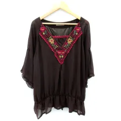 アクシーズファム axes femme ブラウス カットソー 七分袖 スクエアネック 刺繍 花柄 フリル レース M 茶 ブラウン /SY17