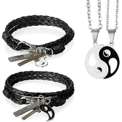 [Aroncent] ブレスレット ペア カップル ネックレス 太極 ペンダント シンプル 彼氏 彼女 恋人 記念日 バレンタインデー ギフト 贈り物（4点セット)