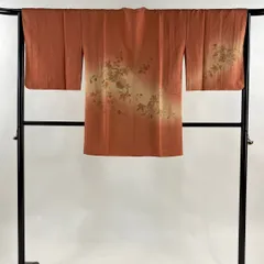 【美品】 道行 身丈85cm 裄丈66cm M 和装コート 角衿 雪輪 枝花 刺繍 ぼかし オレンジ 正絹 秀品 【中古】
