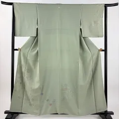 付下げ 身丈157.5cm 裄丈64cm M 袷 桜 流水 刺繍 灰緑 正絹 秀品 一つ紋 【中古】