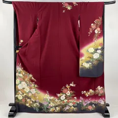 振袖 身丈172cm 裄丈68cm L 袷 御所車 牡丹 金糸 金彩 えんじ色 正絹 秀品 【中古】