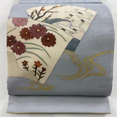 袋帯 名品 秋草 鶴 金糸 水色 お太鼓柄 正絹 【中古】