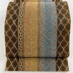 【美品】 袋帯 名品 縞 幾何学 刺繍 茶色 全通 正絹 【中古】