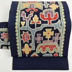 【美品】 名古屋帯 秀品 花 幾何学模様 縮緬 紺色 正絹 【中古】