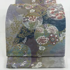 【美品】 袋帯 秀品 丸文 草花 刺繍 金糸 青灰色 六通 正絹 【中古】