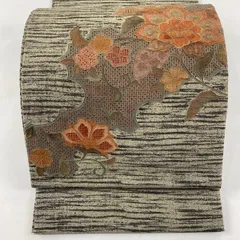 【美品】 袋帯 秀品 紬地 花唐草 逆さ雲取り 刺繍 灰茶 お太鼓柄 正絹 【中古】