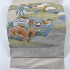【美品】 名古屋帯 秀品 八寸名古屋帯 松葉仕立て 扇面 花鳥 金銀糸 箔 灰白 正絹 【中古】