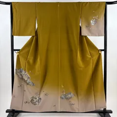付下げ 身丈157.5cm 裄丈65cm M 袷 花鳥 蝶 刺繍 金銀彩 山吹茶色 正絹 秀品 一つ紋 【中古】