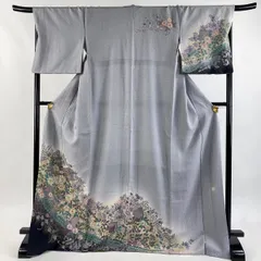 【美品】 訪問着 身丈172.5cm 裄丈68.5cm L 袷 落款 草花 色紙 金彩 ぼかし 灰色 正絹 名品 【中古】