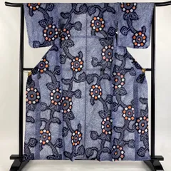 【美品】 浴衣 身丈160cm 裄丈64.5cm M 絞り浴衣 草花 紺色 綿 名品 【中古】