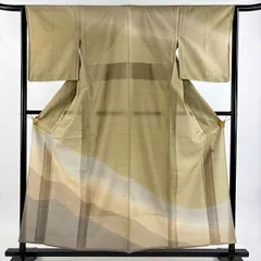 付下げ 身丈156.5cm 裄丈64cm M 薄物 牛首紬地 落款 霞 縞 茶緑色 正絹 逸品 【中古】