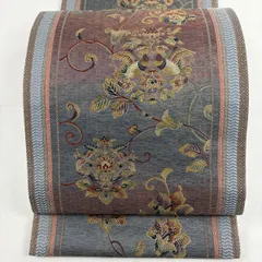 【美品】 袋帯 秀品 向かい鳥 花唐草 金糸 箔 青灰色 六通 正絹 【中古】