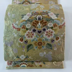 【美品】 袋帯 秀品 振袖向き 草花 花唐草 金銀糸 箔 金色 六通 正絹 【中古】