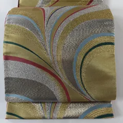 【美品】 袋帯 秀品 振袖向き 幾何学 螺旋 金銀糸 箔 金色 六通 正絹 【中古】