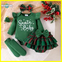 クリスマス ベビー服 女の子セットアップ 4点セット A 新生児 0歳 1歳 50 60 70 80 cm ロンパース スカート コスプレ子供キッズかわいい赤レッド緑グリーン X'masチェック柄リボン へアアクセ 靴下ソックス 幼児 クリスマス会 保育園