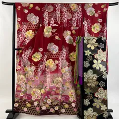 振袖 身丈162.5cm 裄丈66cm M 袷 袋帯フルセット やまと 雪輪 桜 金糸 金彩 赤 正絹 名品 【中古】