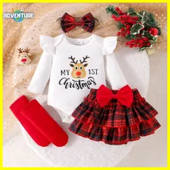 クリスマス ベビー服 女の子セットアップ 4点セット C 新生児 0歳 1歳 50 60 70 80 cm ロンパース スカート トナカイ子供キッズかわいい赤レッド白ホワイト X'masチェック柄リボン へアアクセ 靴下ソックス 幼児 クリスマス会 保育園