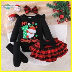 クリスマス ベビー服 女の子セットアップ 4点セット D 新生児 0歳 1歳 50 60 70 80 cm ロンパース スカート サンタ子供キッズかわいい赤レッド黒ブラック X'masチェック柄リボン へアアクセ 靴下ソックス 幼児 クリスマス会 保育園