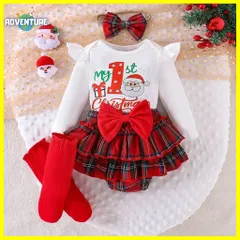 クリスマス ベビー服 女の子セットアップ 4点セット E 新生児 0歳 1歳 50 60 70 80 cm ロンパース スカート サンタ子供キッズかわいい赤レッド白ホワイト X'masチェック柄リボン へアアクセ 靴下ソックス 幼児 クリスマス会 保育園