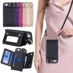 対応 iPhone SE ケース 第2世代 第3世代 ケース ショルダー iPhone 8 ケース カード収納 鏡 肩掛け 斜めかけ スマホショルダー iPhone 7 ストラップ付き 耐衝撃 調節可能な 携帯ケース - ブラック