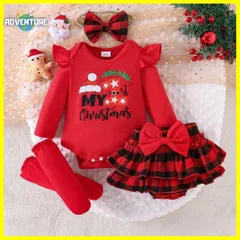 クリスマス ベビー服 女の子セットアップ 4点セット F 新生児 0歳 1歳 50 60 70 80 cm ロンパース スカート サンタ子供キッズかわいい赤レッド X'masチェック柄リボン へアアクセ 靴下ソックス 幼児 クリスマス会 保育園
