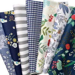 プリント生地 ストライプ パッチワーク布 チェック カットクロス セット 棉 46×56cm 花柄 （ブルー） 7枚