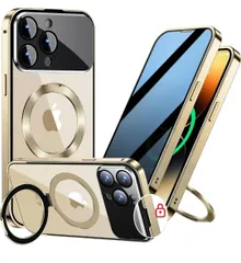 ★【スライドカバー磁気ロック・覗き見防止・新次元の一体型カメラ保護 +CD隠しスタンド】MESTRIEV iPhone 14 Pro 用 ケース 全面保護 Magsafe対応 ランヤードホール付き [本体を再現・マット金属フレーム ]  (ゴールド)