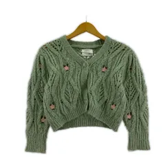 ZARA ザラ 花刺繍 Vネック ニットカーディガン size7 CM122/ライトグリーン