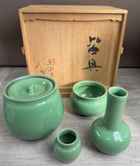 鍋島青磁 最高峰 小笠原長春 造 青磁皆具 茶道具一式 共箱 天然青磁100