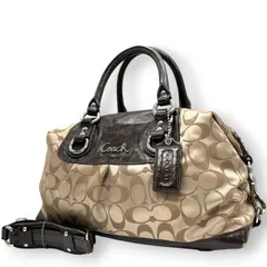 コーチ 2WAY ハンドバッグ F15443 シグネチャー ナイロン パテントレザー ブラウン ミニボストン ショルダーバッグ レディース チャーム付き エレガント クラシックデザイン コンパクトモデル クリーニング済み s26