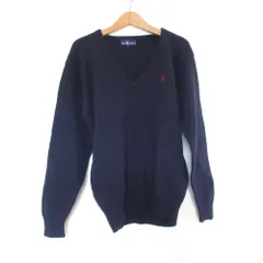 美品 RALPH LAUREN ラルフローレン Vネック 長袖 ウールニット セーター L ネイビー レディース 古着 中古 USED