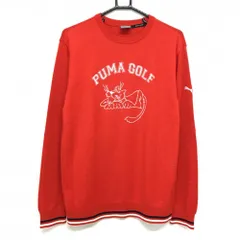 【超美品】プーマ セーター レッド×白 フロントロゴ 袖口・裾ライン ニット ウール混 メンズ XL ゴルフウェア PUMA