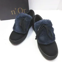 n'or LEVEL  ノアール  レーベル 異素材デザインスニーカー フェイクファー ファー バイカラー 黒 ブラック ネイビー Lサイズ おしゃれウォーカー n'OrLABEL E397LF