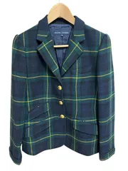 Z1604【美品】RALPH LAUREN  ラルフローレン　チェック柄　ウール　テーラードジャケット　グリーン×ネイビー　レディース　サイズ11
