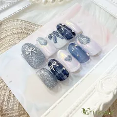 【現品】ネイルチップ　青　白　リボン　ハート