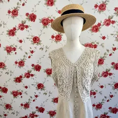 ヴィンテージ　 刺繍ベストレイヤード調デザイン ワンピース　ベージュ リネン混 ロング丈 ノースリーブ 9/10 M相当